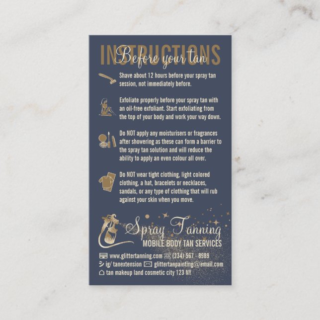 Tarjeta De Visita Instrucciones de la Marina Spray Tan BeforeCare Gu (Anverso)