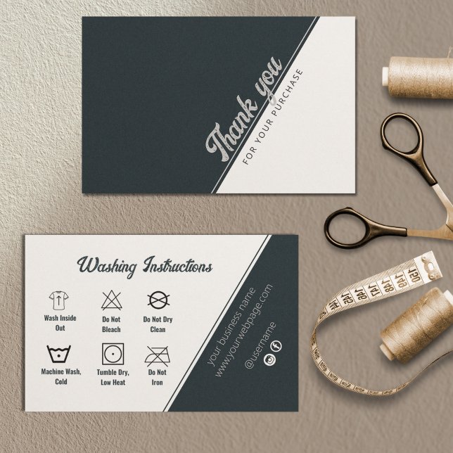 Tarjeta De Visita Instrucciones de lavado Gris blanco negro Gracias  (Washing Instructions Black White Gray Thank You Bu Business Card)