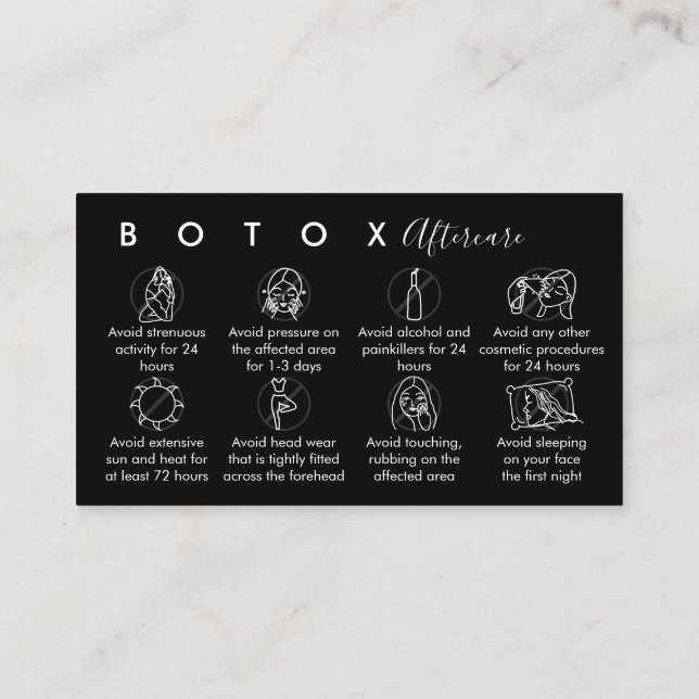 Tarjeta De Visita Instrucciones de poscuidado de botox negro (Reverso)