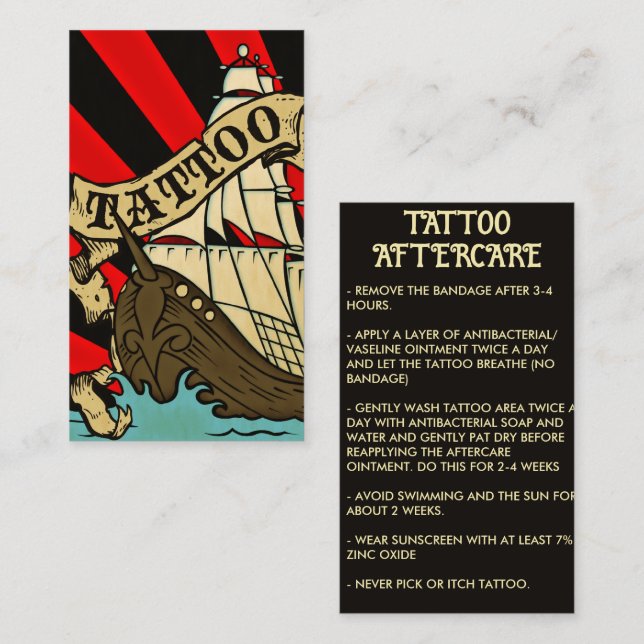 Tarjeta De Visita instrucciones de poscuidado del tatuaje de la nave (Anverso / Reverso)