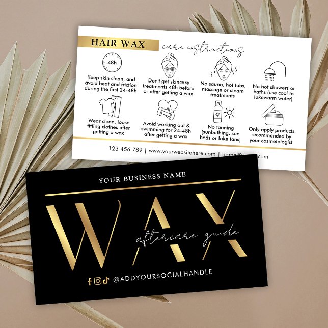 Tarjeta De Visita Instrucciones modernas para el cuidado posterior d (elegant black and gold effect waxing after care instructions cards with icons)
