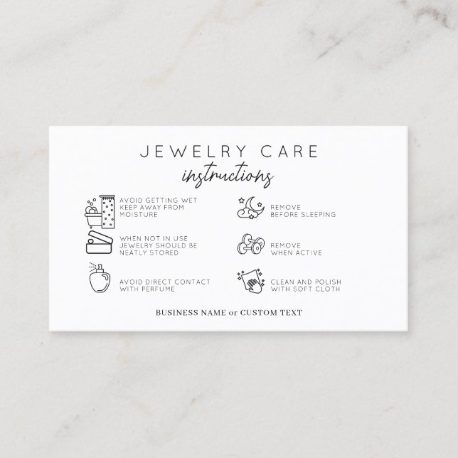 Tarjeta De Visita Instrucciones para el cuidado de joyas de presupue (Anverso)