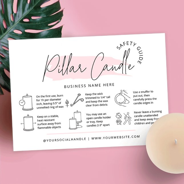 Tarjeta De Visita Instrucciones para el cuidado de las velas del pil (Feminine pillar candle care cards with icons, pink watercolor background and space for your details)