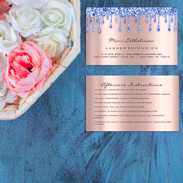 Tarjeta De Visita Instrucciones para el cuidado de los niños Lash Ro (Aftercare Instructions Lash Rose Drip Makeup Blue Business Card)