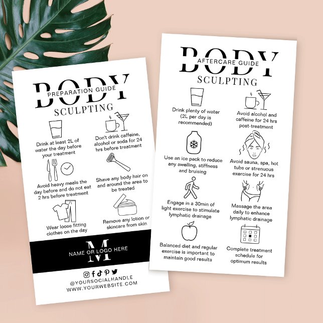 Tarjeta De Visita Instrucciones para el cuidado del cuerpo antes y d (Body contouring treatment before and aftercare instructions cards for body shaping and sculpting)