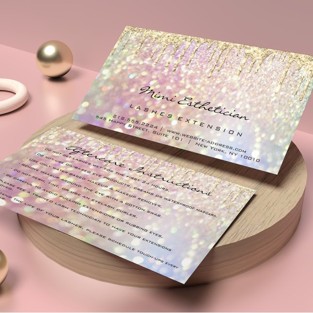 Tarjeta De Visita Instrucciones para el cuidado del paciente Purpuri (Aftercare Instructions Lash Rose Gold Drip Glitter Business Card)