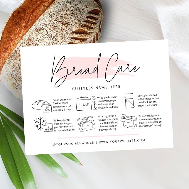 Tarjeta De Visita Instrucciones para el cuidado del pan Panadería ac (Feminine bread care cards with icons and feminine blush pink watercolor (edit to any color you like))