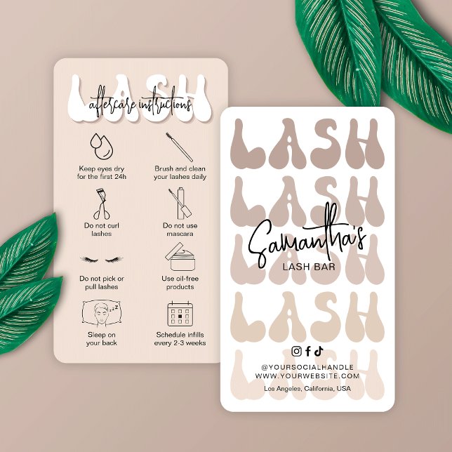 Tarjeta De Visita Instrucciones para el cuidado después de la vida e (Trendy beige and white lash extensions care cards with retro fonts and space for your salon details)