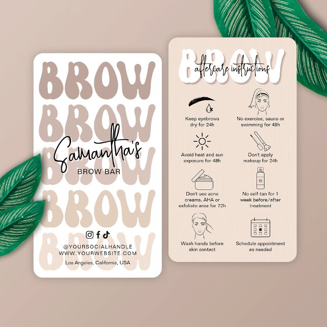 Tarjeta De Visita Instrucciones para el cuidado después del parto en (Microneedling aftercare cards for brow salons, featuring retro fonts in beige and white)