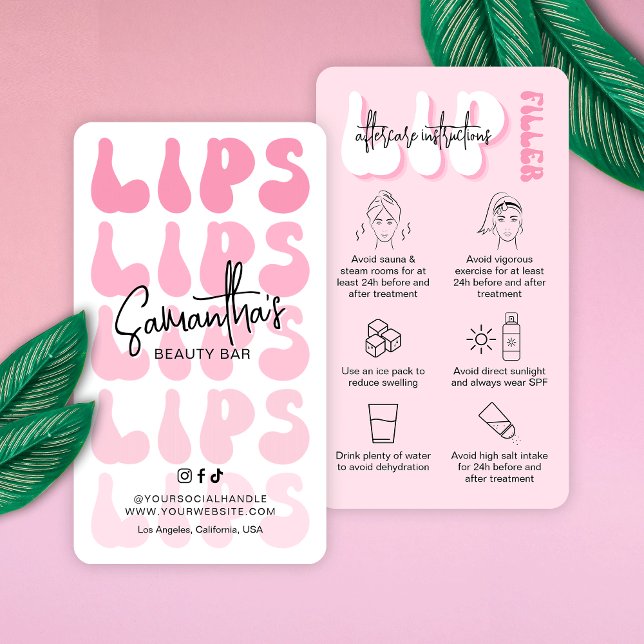 Tarjeta De Visita Instrucciones para el cuidado posterior del rellen (Trendy lip filler aftercare cards featuring pink hues, retro fonts and lips care icons)