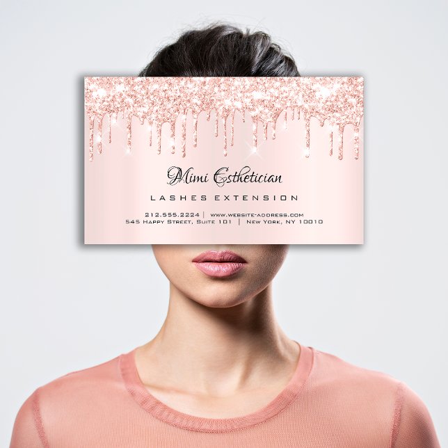 Tarjeta De Visita Instrucciones para el cuidado posterior Lash Rosa  (Aftercare Instructions Lash Rose Gold Drips Pink Business Card)