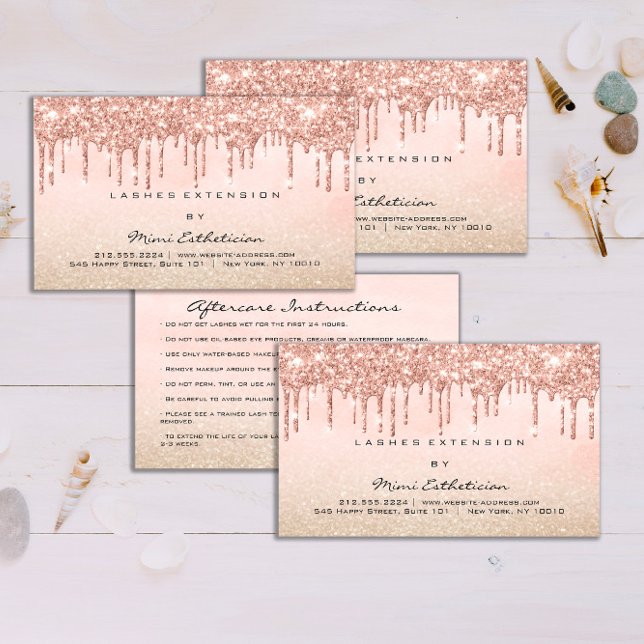 Tarjeta De Visita Instrucciones posteriores al cuidado del Rosa de E (Aftercare Instructions Eyelash Rose Glitter Drips Business Card)