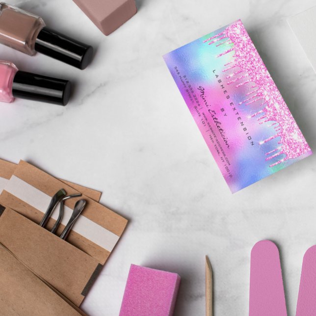 Tarjeta De Visita Instrucciones posteriores al cuidado Lash Rosa Per (Aftercare Instructions Lash Rose Pink Drips Spark Business Card)