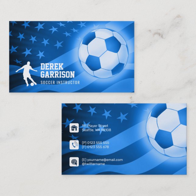 Tarjeta De Visita Instructor de fútbol | Azul del entrenador (Anverso / Reverso)