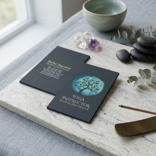 Tarjeta De Visita Instructor de Meditación de Yoga Árbol Negro Teal