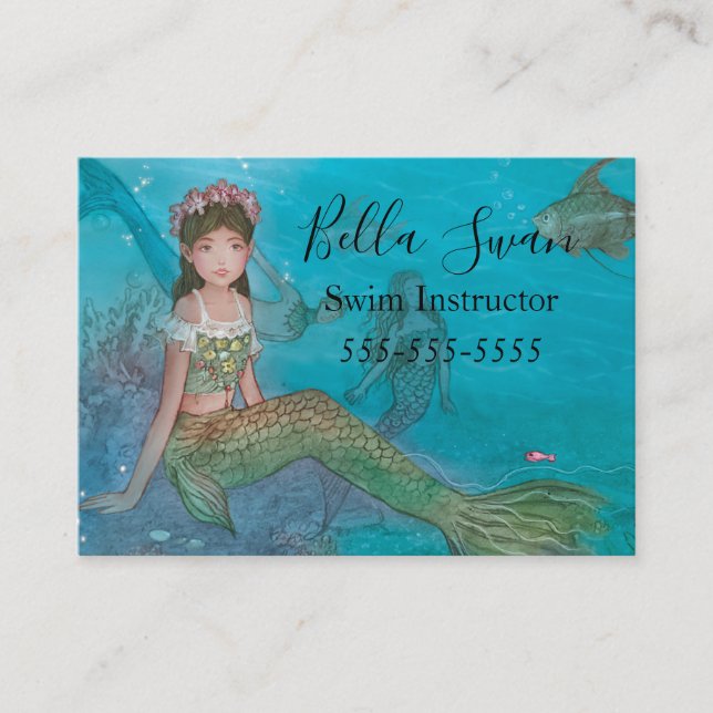 Tarjeta De Visita Instructor De Natación De Sirena Adorable (Anverso)