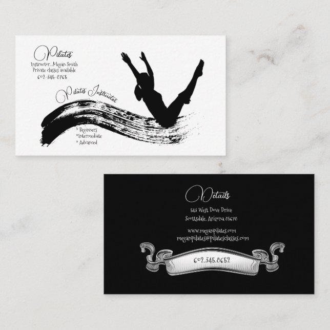 Tarjeta De Visita Instructor de Pilates Silhouette Pose Black & Whit (Anverso / Reverso)
