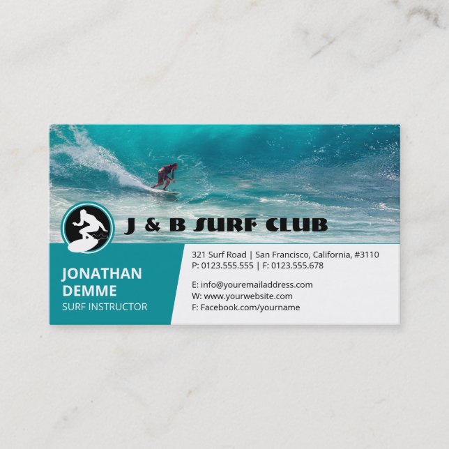Tarjeta De Visita Instructor de Surf | Surfboard Active Recreation (Anverso)