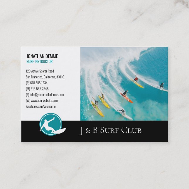 Tarjeta De Visita Instructor de Surf | Surfboard Active Recreation (Anverso)
