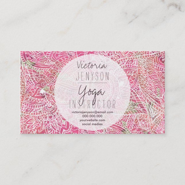 Tarjeta De Visita Instructor de yoga boho rosa floral paisley (Anverso)