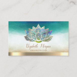 Tarjeta De Visita Instructor de Yoga Elegante Loto Azul Dorado