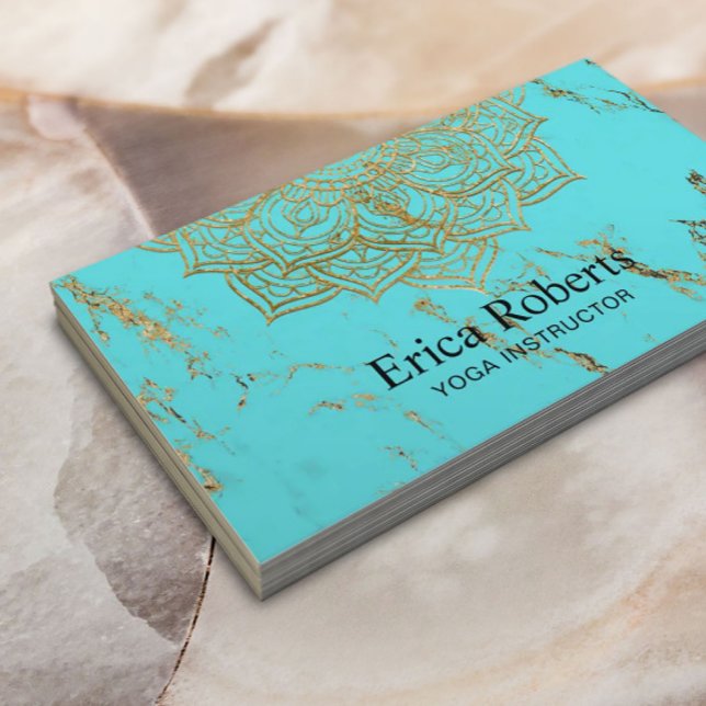 Tarjeta De Visita Instructor de Yoga Gold Lotus Mandala Turquoise (Subido por el creador)