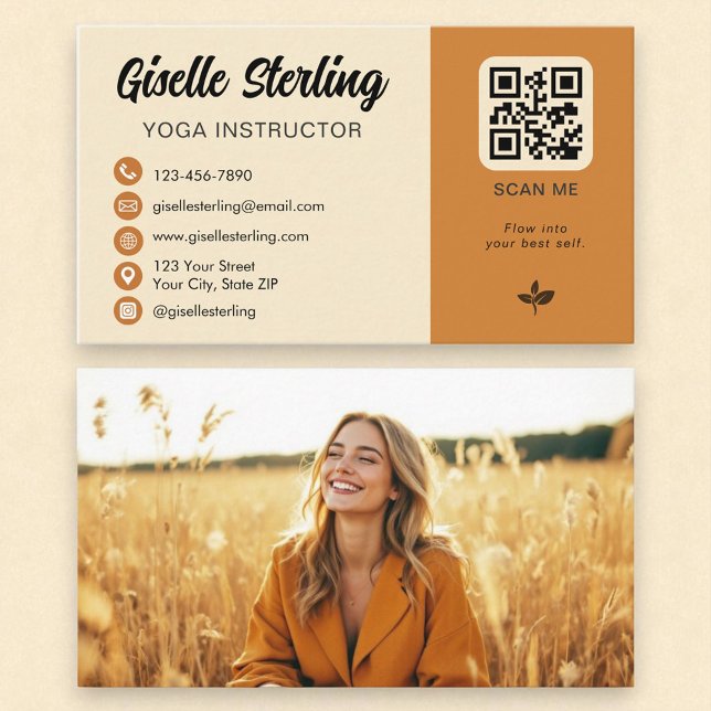 Tarjeta De Visita Instructor de yoga Naranja amarillo Código QR Foto (Subido por el creador)