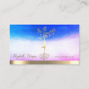 Tarjeta De Visita Instructor de Yoga Ombre Árbol Dorado Silueta de M