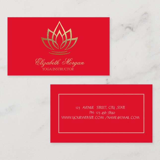 Tarjeta De Visita Instructor de yoga, rojo, oro Lotus (Anverso / Reverso)