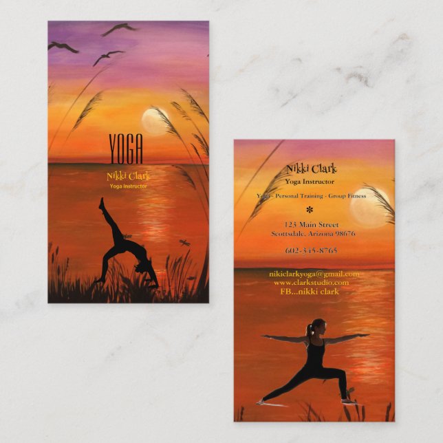 Tarjeta De Visita Instructor de Yoga Silhouette Pose Sunset (Anverso / Reverso)