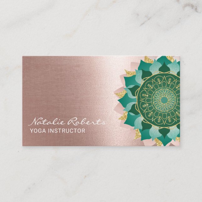 Tarjeta De Visita Instructor de yoga Turquoise Rosa Gold Mandala Flo (Anverso)