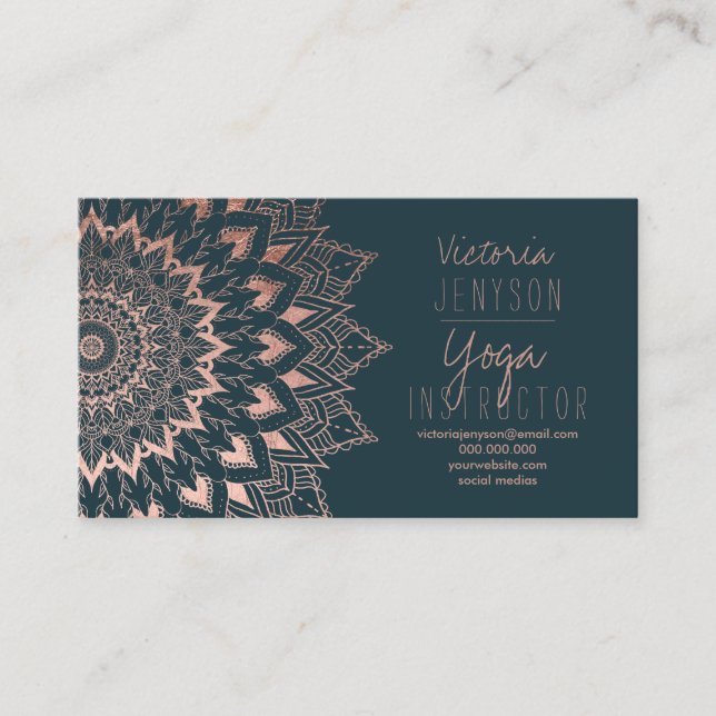 Tarjeta De Visita instructor de yoga verde dorado Rosa mandala flora (Anverso)