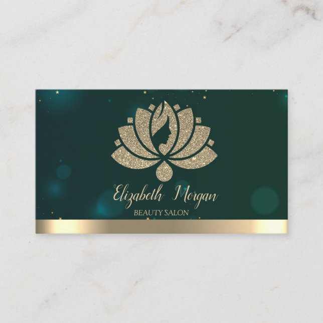Tarjeta De Visita Instructor de Yoga Verde,Salón de Belleza Lotus (Anverso)