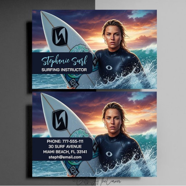 Tarjeta De Visita Instructora de surf femenino  (Subido por el creador)