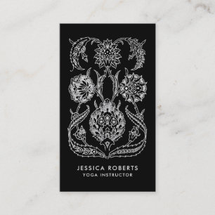 Tarjeta De Visita Instructora de Yoga Floral Boho Negro y Blanco Gen