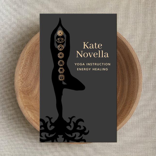 Tarjeta De Visita Instructores de yoga, Tree Pose , Gold Chakras Bla (Subido por el creador)