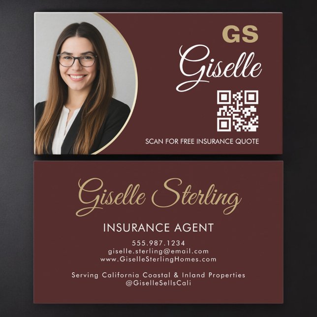 Tarjeta De Visita Insurance Agent Burgundy Gold Photo QR Code  (Subido por el creador)