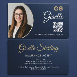 Tarjeta De Visita Insurance Agent Navy Blue Gold Photo Metallic