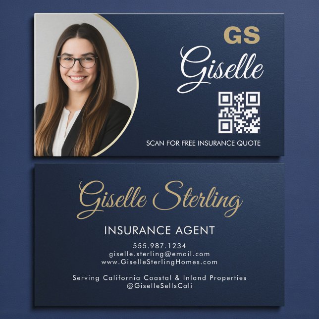 Tarjeta De Visita Insurance Agent Navy Blue Gold Photo Metallic (Subido por el creador)
