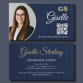 Tarjeta De Visita Insurance Agent Navy Blue Gold Photo QR Code Linen