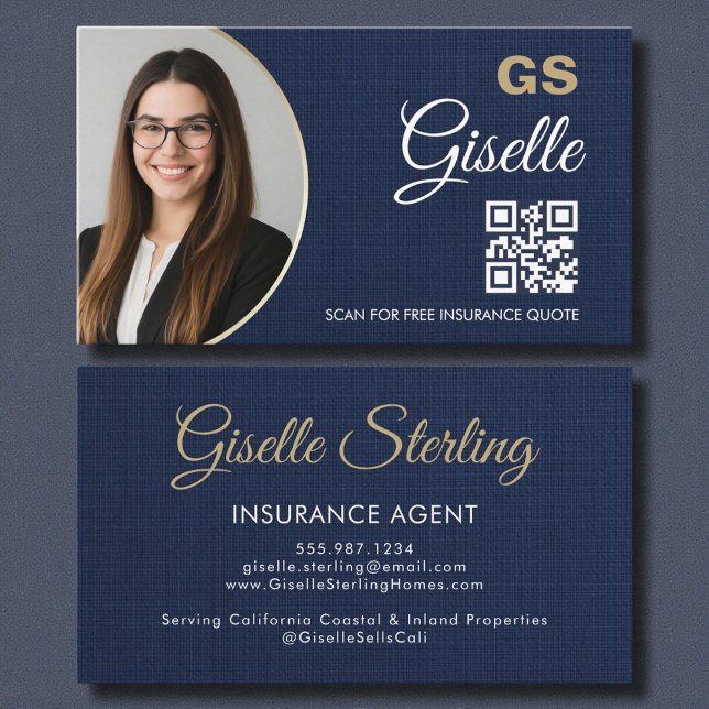 Tarjeta De Visita Insurance Agent Navy Blue Gold Photo QR Code Linen (Subido por el creador)
