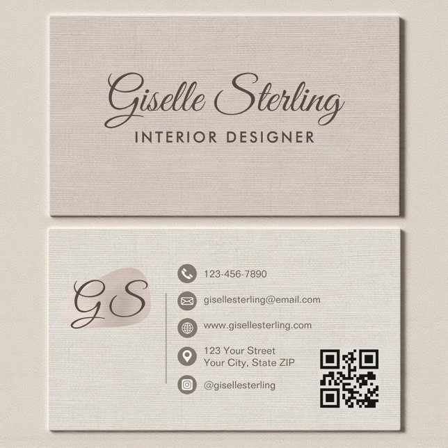 Tarjeta De Visita Interior Designer Beige Linen Elegant QR Code (Subido por el creador)