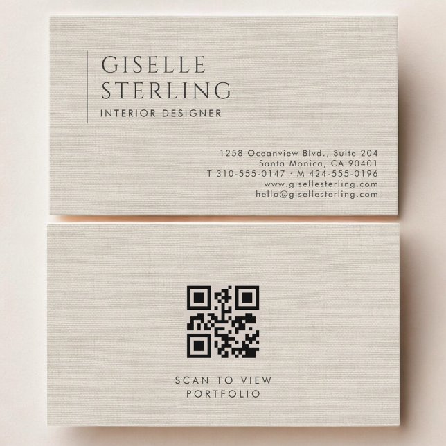 Tarjeta De Visita Interior Designer Luxury Neutral Linen QR Code (Subido por el creador)