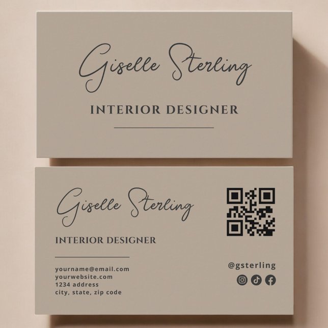 Tarjeta De Visita Interior Designer Neutral Taupe Script QR Code (Subido por el creador)
