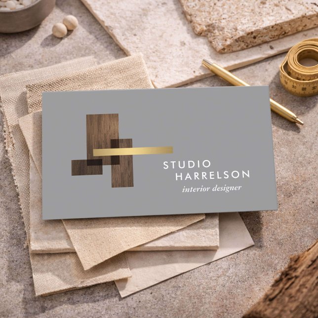 Tarjeta De Visita Interior Designer Wood Gold Logo Gray (Subido por el creador)