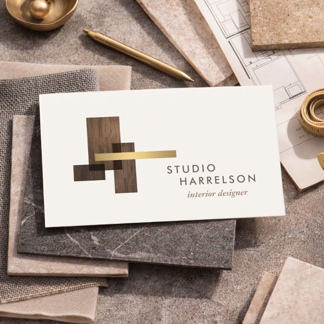 Tarjeta De Visita Interior Designer Wood Gold Logo Ivory (Subido por el creador)