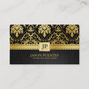 Tarjeta De Visita Interiorista elegante del damasco del negro y del