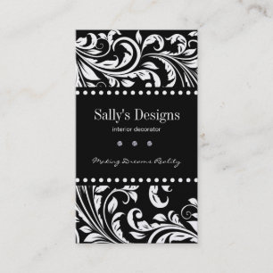 Tarjeta De Visita Interiorista negro y blanco elegante del damasco