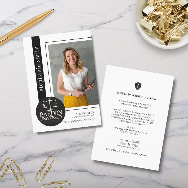Tarjeta De Visita Internado sobredimensionado de fotografías en blan (Modern black and white college high school internship student profile cards for career advancement)