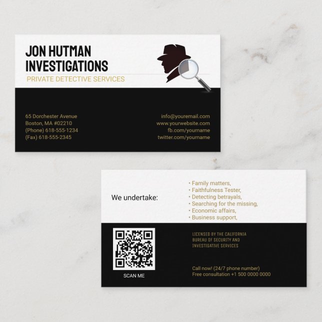 Tarjeta De Visita Investigación privada | Detective Profesional (Anverso / Reverso)